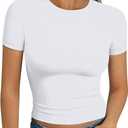 Trendy Queen Womens Short Sleeve T Shirts - Buttery Soft Summer Crop Tops Slim Fit Y2k Basic Tees for Workout M