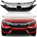 Front Bumper Grille for 2016 2017 2018 Honda Civic, Black with Chrome Molding Front Upper Hood Grill Replacement Part