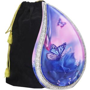 M MEILINXU Cremation Urns for Human Ashes Adult Female & Male, Funeral Urn for Ashes for Women & Man, Blue Butterflies Decorative Teardrop, Flowers and Butterfly Urn - Large Tear Drop