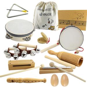 VINJOE Wooden Music SetKids Musical Instruments Toys, Natural Wood Percussion Instruments Toy for Kids Preschool Education Baby Musical Toys Instrument Set for Toddlers Best Gifts for Christmas