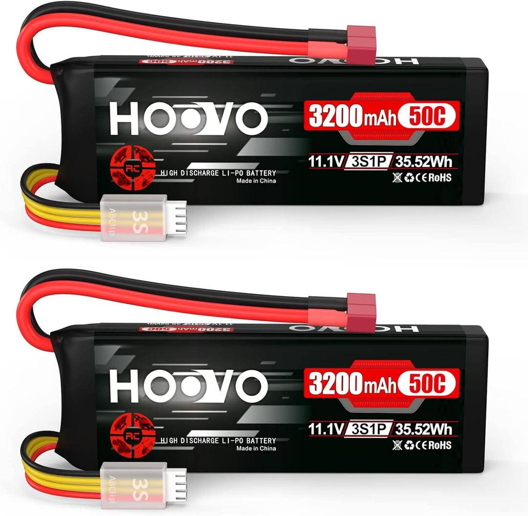 HOOVO 3S 11.1V 3200mAh 50C RC Lipo Battery with T Connector for RC Car RC Helicopter Airplane Quadcopter RC Models(2 Packs)