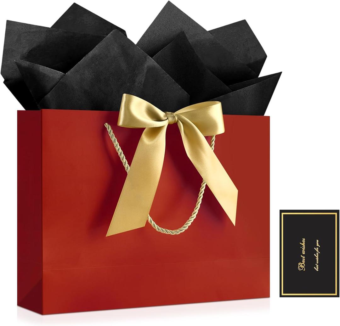 JMANNI 1PCS Large Gift Bag with Ribbon and 1 Greeting Card 2 Tissue Papers, Portable Paper Gift Bag with Handles, Birthday Gift Bags,Present Bags for Wedding Party,Mothers Day12.6" x 9.8" x 3.9"(Red)