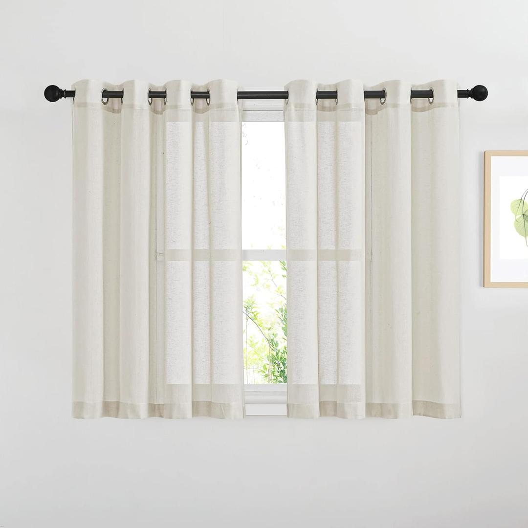NICETOWN Kitchen Curtains Linen Burlap Drapes for Bedroom, Grommet Top Semi Sheer Privacy Window Treatment Light Filtering for Living Room, Natural, W52 x L45, Set of 2