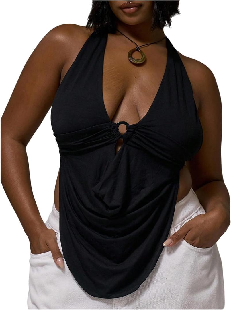 Floerns Women's Plus Size 3D Floral Draped Halter Tops Sleeveless Tie Open Back Tank Top (Black, XXL)
