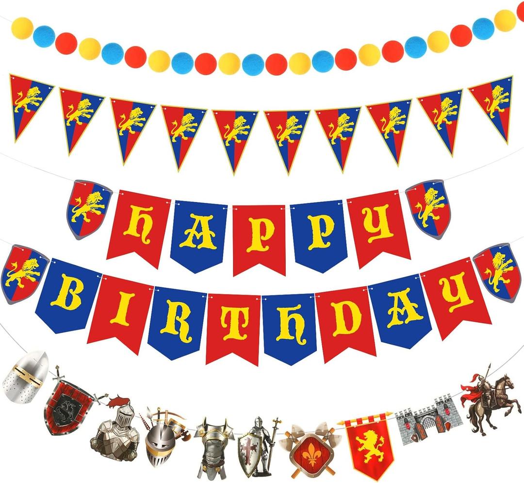 Breling 5 Pcs Medieval Party Decorations Medieval Knight Birthday Party Decorations Castle Banner Felt Ball Garland Stone Wall Armors Shield Helmets Banner Knight Supplies