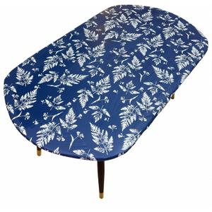 Pioggia Oval Vinyl Fitted Tablecloth with Flannel Backing Elastic Edged Table Cloth Waterproof Oil-Proof Plastic Table Cover (Blue Leaves Pattern, Best for Up to 48" x 68")
