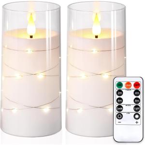 NURADA Flickering Flameless Candles: Built-in Star String Lights, Acrylic Battery Operated LED Pillar Candles with Remote and Timer for Romantic Mood Home Decoration - 2 Pack Pure White