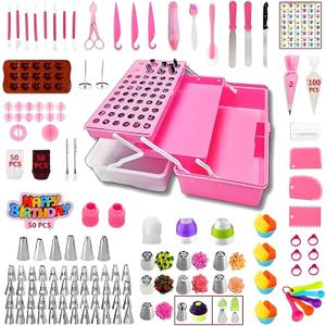 387 Pcs Cake Decorating Kit,Baking Supplies Tools with 56 Icing Tips,8 Russian+Ball Tips,Pattern Chart,3 Spatulas,5 Couplers,8 Carved Pens,102 Pastry Bags,Storage Box & More, (Pink)
