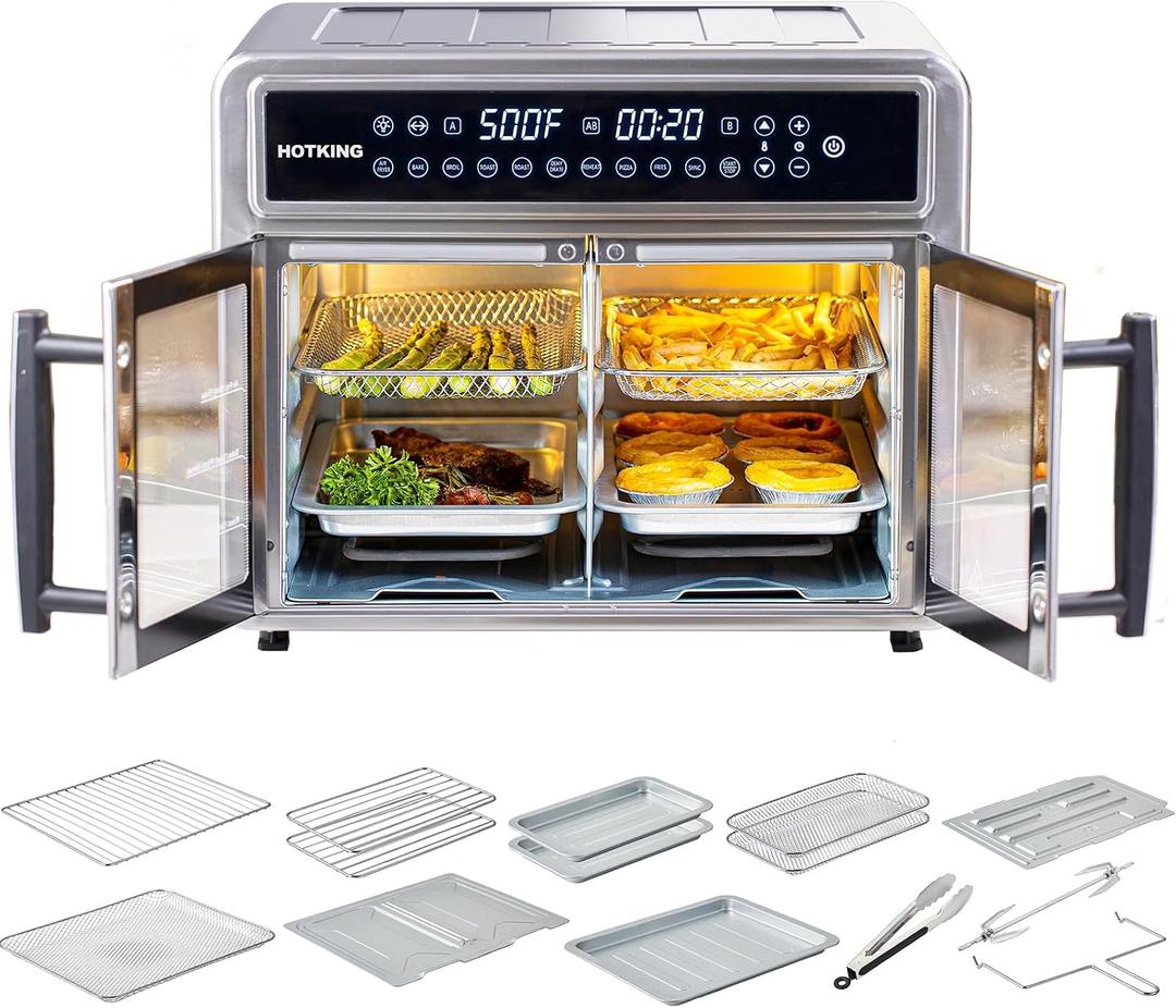 HotKing Dual-Zone Air Fryer Toaster Oven Combo, 28 QT Extra Large, Non Toxic Stainless Steel Convection Oven with French Door, Countertop Airfryer with Window, Racks, Rotisserie, Dehydrator, ETL Rated, 28 Quart