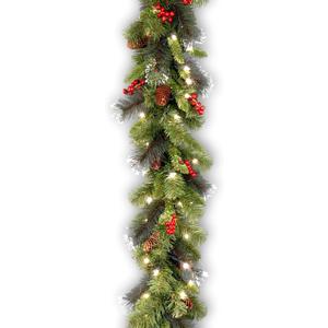 2 x National Tree Company 9 ft Pre-Lit Crestwood Spruce Artificial Christmas Garland, Christmas Decoration with Glitter, Pinecones, Red Berries, 50 Clear Lights, 180 Tips, Green