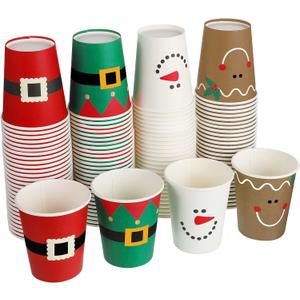 Funtery 100 Pieces Christmas Paper Cups Xmas Disposable Coffee Cups Snowflake Santa Snowman Elk Lights Christmas 9 Ounce Drinking Tea Paper for Daily Use Holiday (Bright Style)
