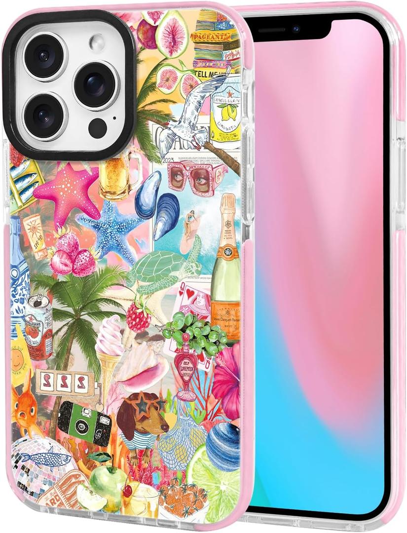 ChiCsFleur for iPhone 13 Pro Case, TPU Phone case with Camera Protection for Women Girls Teens - Colorful Tropical Coastal Collage Design Palm Colorful Hibiscus Disco Dog Starfish Lemon Y2K Aesthetic