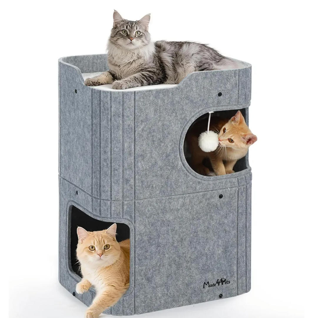 Made4Pets Cat House for Indoor Use, 2-Storey Cube Bed Cave, Covered Hideaway Condo with Scratch-Resistant Felt, Foldable Easy-to-Clean Design for Multi-Cat Homes, Grey