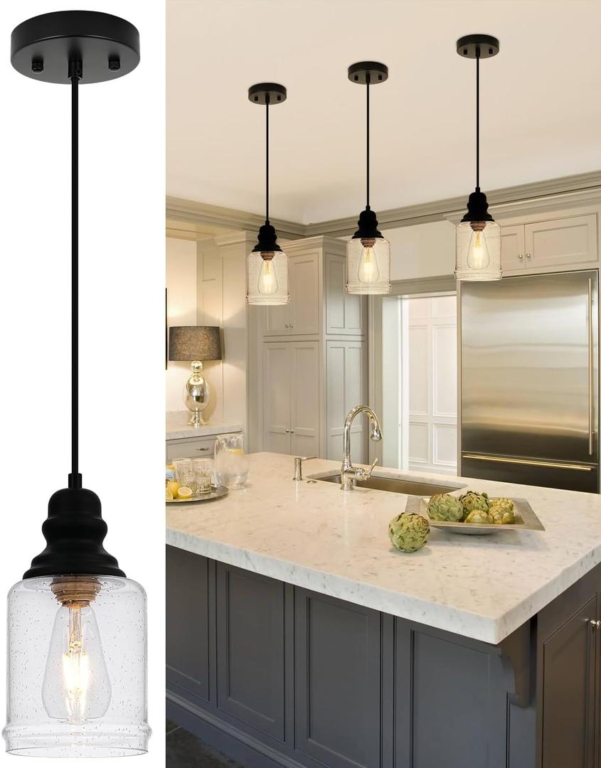 WILON Modern Glass Pendant Lights for Kitchen Island, 6.29" Mini Pandent Light Fixture with Seeded Glass Shade Black Farmhouse Pendant Lights E26 Base Hanging Kitchen Lights for Sink Dinging Room (1-Light-Big)