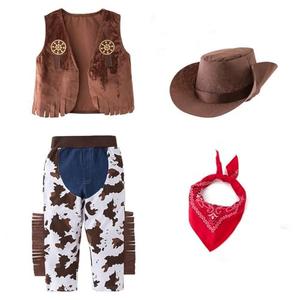 Toddler Boy Brown Fringe Vest, Cow Print Pants, Western Hat & Red Bandana 4-Piece Cowboy Clothing Set (Brown, S)
