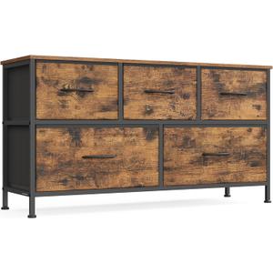 SONGMICS Dresser for Bedroom, Chest of Drawers, TV Stand, Steel, MDF, 5 Non-Woven Fabric Drawers, Storage Organizer Unit, Closet, Entryway, Rustic Brown and Ink Black ULGS322B02S