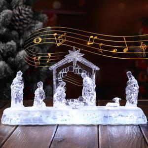 13 Inch Nativity Sets Indoor Decor for Christmas LED Acrylic Clear Lighted Musical Nativity Scene People Set Decorations for Xmas Home Table Shelf Christmas Religious Gift