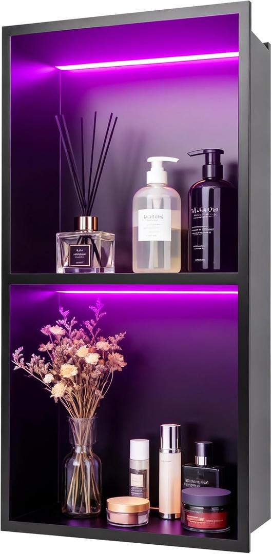 WICHEMI Stainless Steel Shower Niche 12" X 24", No Tile Needed Wall Niche with RGB Light, Recessed Shower Shelf for Bathroom Storage Over Mount Installation, Matte Black