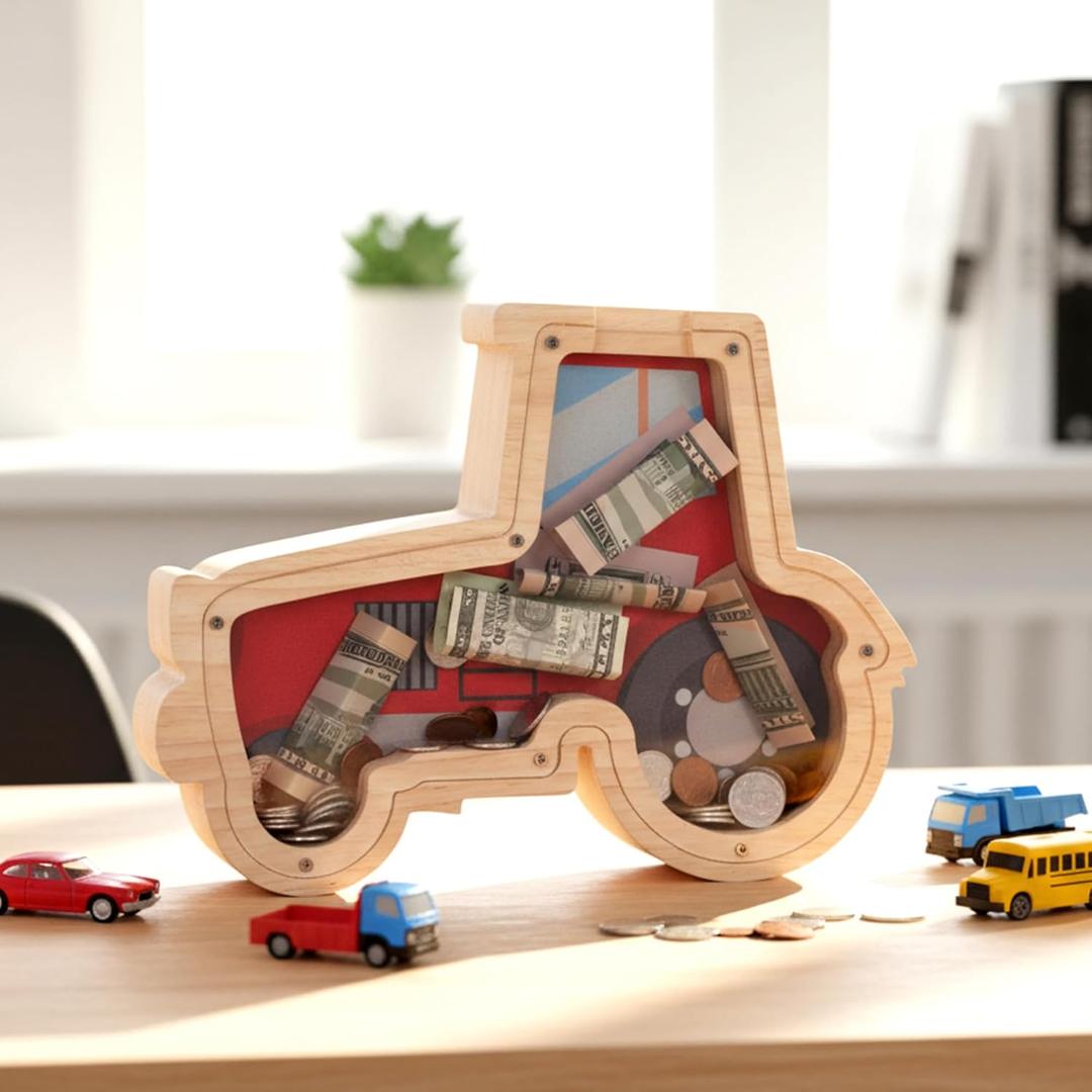 Tioncy 11 Inch Wooden Truck Piggy Bank with Screwdriver Red Truck Piggy Bank for Car Birthday Party Gift and Home Office Decoration