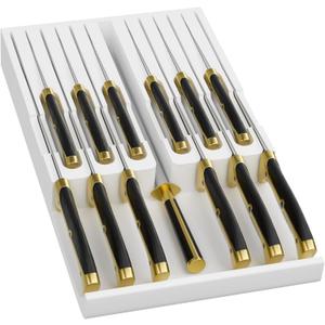 Domax Bamboo In-drawer Knife Block - Knife Drawer Organizer Insert Large Handle Steak Knife Holder, Kitchen Drawer Knife Organizer Fits for 12 knives and 1 Sharpening Steel (Not Included), White