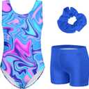 Vogseek Gymnastics Leotard for Girls in 3D Print Marbling Ballet Dance Clothes 11-12T Tumbling Light Blue Gymnastics Outfit Cover-up Shorts Activewear