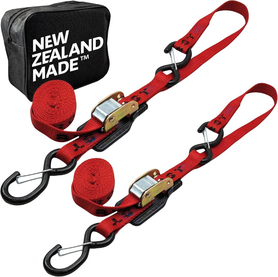 Heavy Duty Motorcycle Tie Down Straps - 1" x 8' Cam Buckle Straps with Soft Loops & Safety Hooks - Secures Motorbikes, Dirtbikes, ATV, UTV - 2 Pack Red