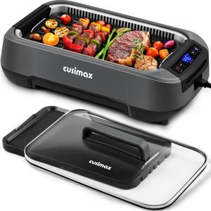 CUSIMAX Smokeless Grill, Electric Indoor Grill 1500W Korean BBQ Grill, Grey
with Non-stick Removable Grill/Griddle Plates, Smart LED Display & Adjustable Temperature/Tempered Glass Lid/Easy Cleanup