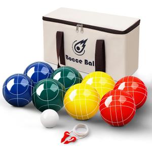 Bocce Ball Set 100mm/, Regulation Size & Weight, 8 Resin Bochi Balls with Pallino, Carrying Bag, Measuring Rope, Outdoor Sports Backyard Lawn Court Game Gift for Family & Beach (2-8 Players)