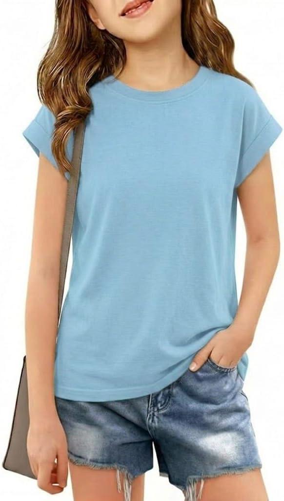 Girls Cap Sleeve T Shirts Kids Summer Crewneck Solid Tops Tees 5-14 Years (Blue)
