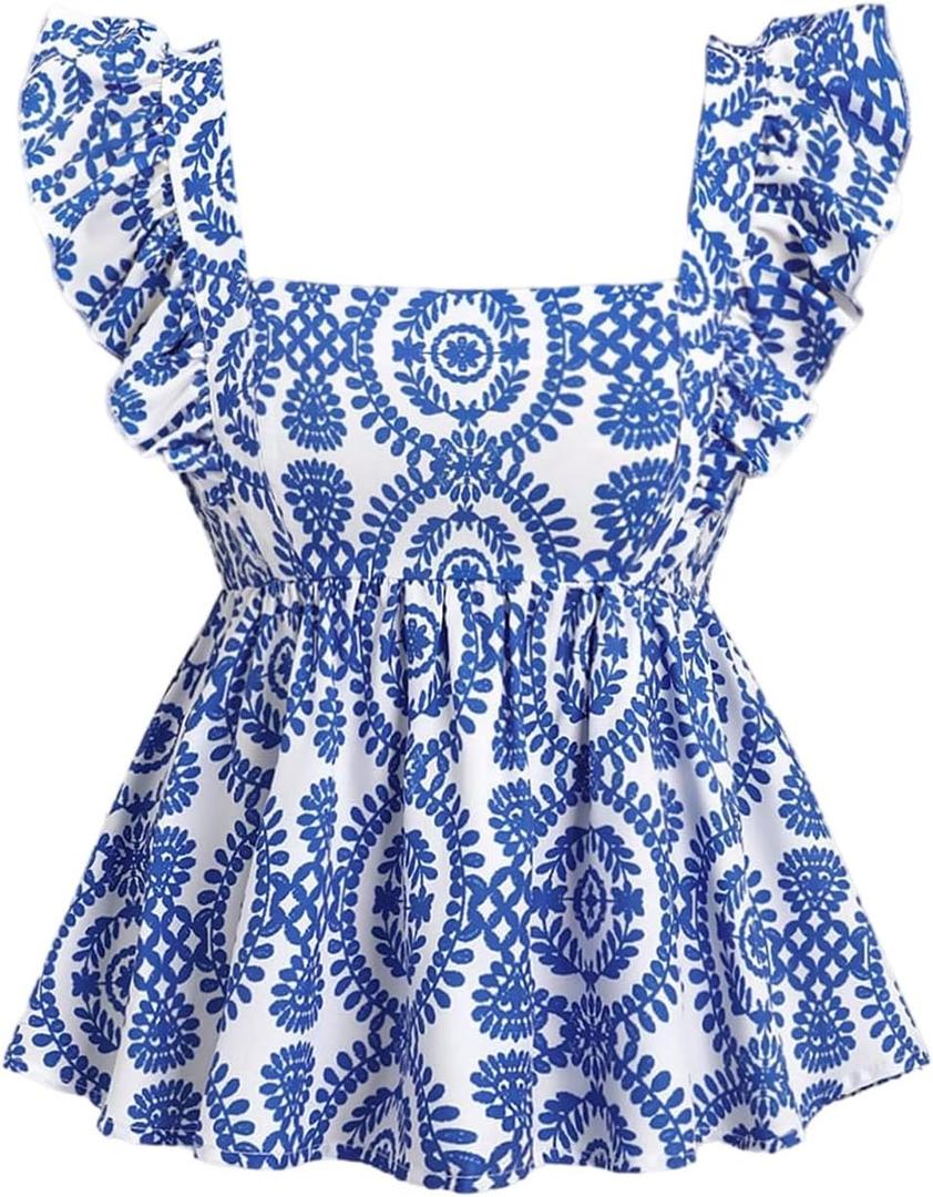Floerns Women's Summer Boho Cute Square Neck Ruffle Cap Sleeve Blouse Smocked Peplum Top (Large, Blue)