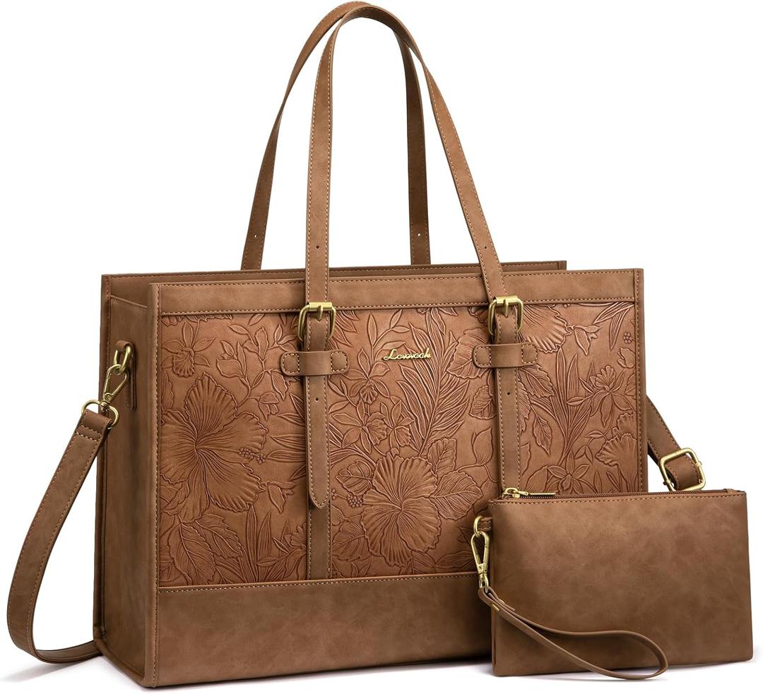 LOVEVOOK Laptop Tote Bag for Women,15.6 Inch Vintage Laptop Bag with Clutch Purse, Large Capacity Leather Work Bag, Computer Bag Office Business Briefcase, Casual Handbag for Travel College Teacher