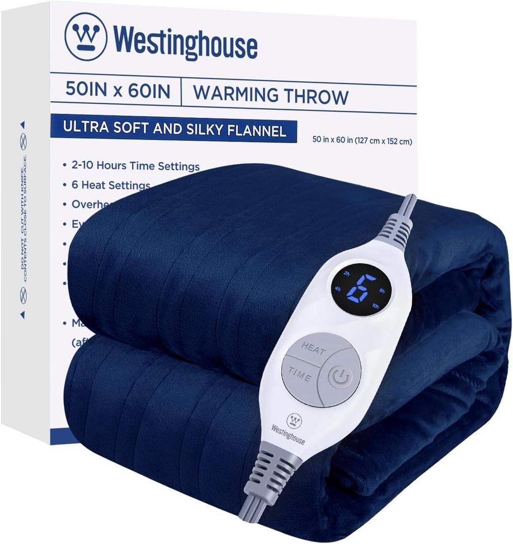 Westinghouse Heated Blanket Throw, Electric Throw with 6 Heating Levels, 2-10 Hours Time Settings, Overheat Protection, Machine Washable, Flannel (Throw, 50x60 Inches, Navy Blue) (Throw Size 50*60")