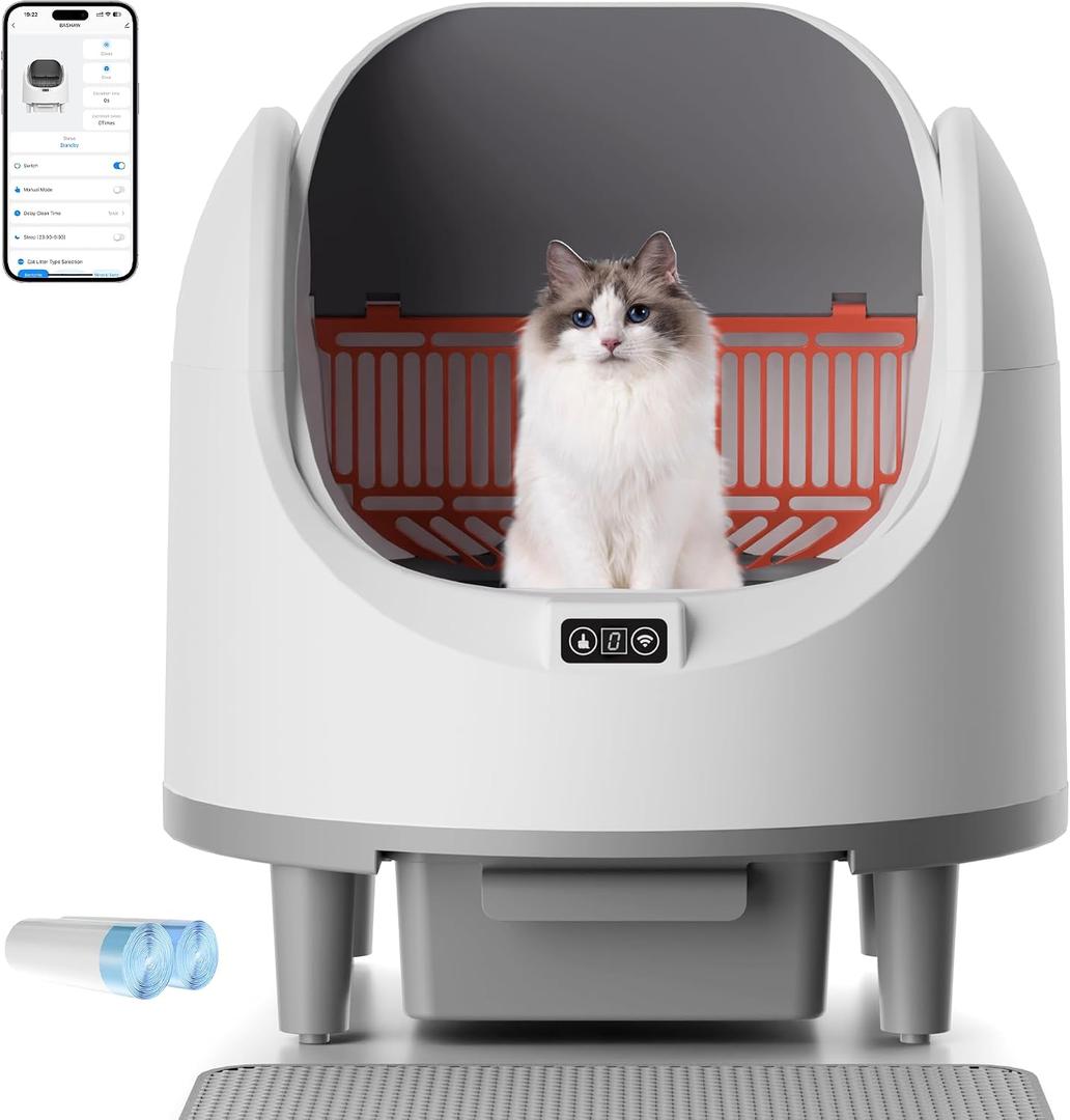 Bashaw Self Cleaning Litter Box, Large Capacity Automatic Litter Box for Multiple Cats, App Control, Safety Sensors, 2 Rolls of Garbage Bags (White)