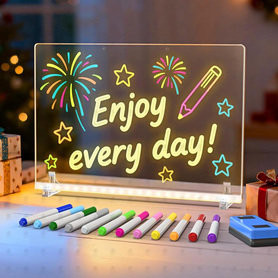 LED Drawing Board for Kids - 13.7x10.6 Inch, rasable Acrylic Doodle Pad,Chalkboards,with 12 Fluorescent Markers,Stand,4 Modes & 7 RGB Colors - Creative Fun & Christmas Gift for GrandkidsWhite