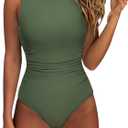 SUUKSESS Women One Piece Ruched Swimsuit Tummy Control Backless Bathing Suit (Green, L)