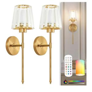 Gold Battery Operated Wall Sconces Set of 2 with Remote, Crystal Wireless Sconce with Rechargeable LED Magnetic Bulb, Dimmable 3CCT & 12 RGB Wall Lights for Bedroom, Living Room, Hallway, Staircase