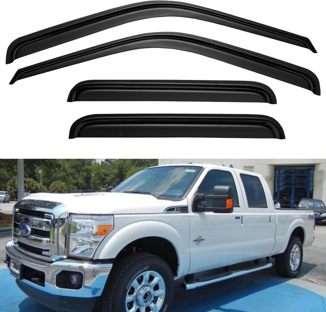 Window Visors Rain Guards for 1999-2016 Ford F250 F350 F450 F550 Super Duty, Out-Channel Window Vent Wind Deflectors Visors Shades for 99-16 F-250 F-350 F-450 F-550 Super Crew Cab