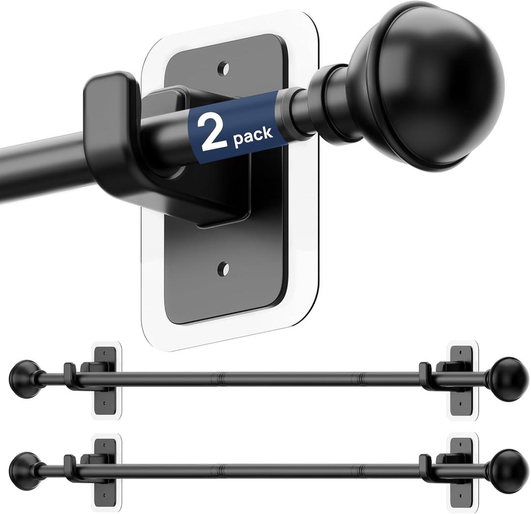ENJOYBASICS 2 Pack No Drill Curtain Rods for Window 28 to 48 Inches, 5/8 Inch Diameter Renter Friendly Drapery Rod with Adhesive Brackets without Drilling, Adjustable from 27 to 52 Inches, Black