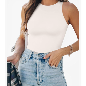 ALLBASE Women's Sexy Double Lined Sleeveless Bodysuits Racerback Halter Tank Top for Women's Sexy Going Out Leotards, White, XXL