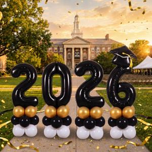 4 Sets 5 ft Graduation 2026 Balloons Column Stand Kit Jumbo Black 2026 Grad Cap Balloon Tower Pillar with Reusable Metal Telescopic Design for Class of 2026 High School College Graduation Party