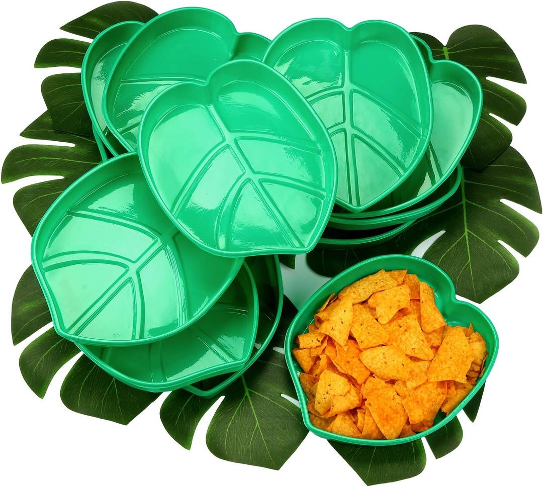 Palm Leaf Snack Tray Hawaii Style Reusable Food Tray with Tropical Imitation Green Plant Leaves, Cookies Chips, Candy Dip, for Jungle Island Luau Party Theme Decorations Birthdays 12 Sets,8.3 x 7 Inch
