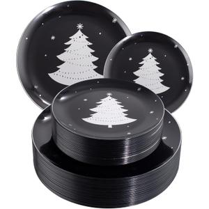 WDF 50 Pieces Christmas Plates Plastic - Black and Silver Plates with Christmas Tree include 25 Dinner Plates, 25 Salad Plates - Black Silver Party Plates for Christmas, Winter (10.25INCH+7.25INCH)