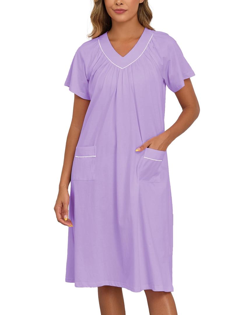HALCYEEN Nightgowns for Women Soft Victorain Cotton Nightshirts Womens House Sleepwear for Wife with Pockets(Purple,M) (M)