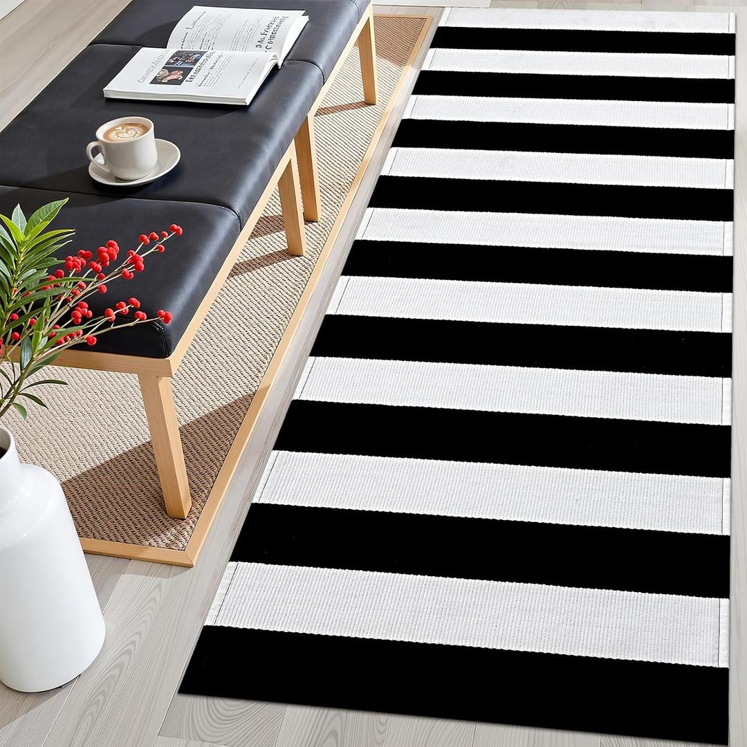 OLANLY Black and White Striped Rug 2' x 6' Washable Cotton Indoor Outdoor Doormat for Front Door, Entryway, Kitchen, Porch, Patio Decor