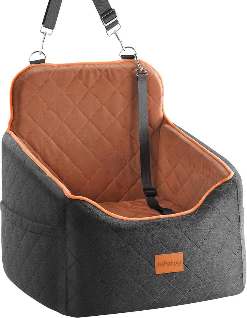 Dog Car Seat for Small Dog, Booster Seat for Dogs Under 30lb, Elevated Pet Seat with Pockets, Anti-Slip Bed for Car, Perfect for Front & Back Seats with Safety Leash (Black/Brown, Medium)