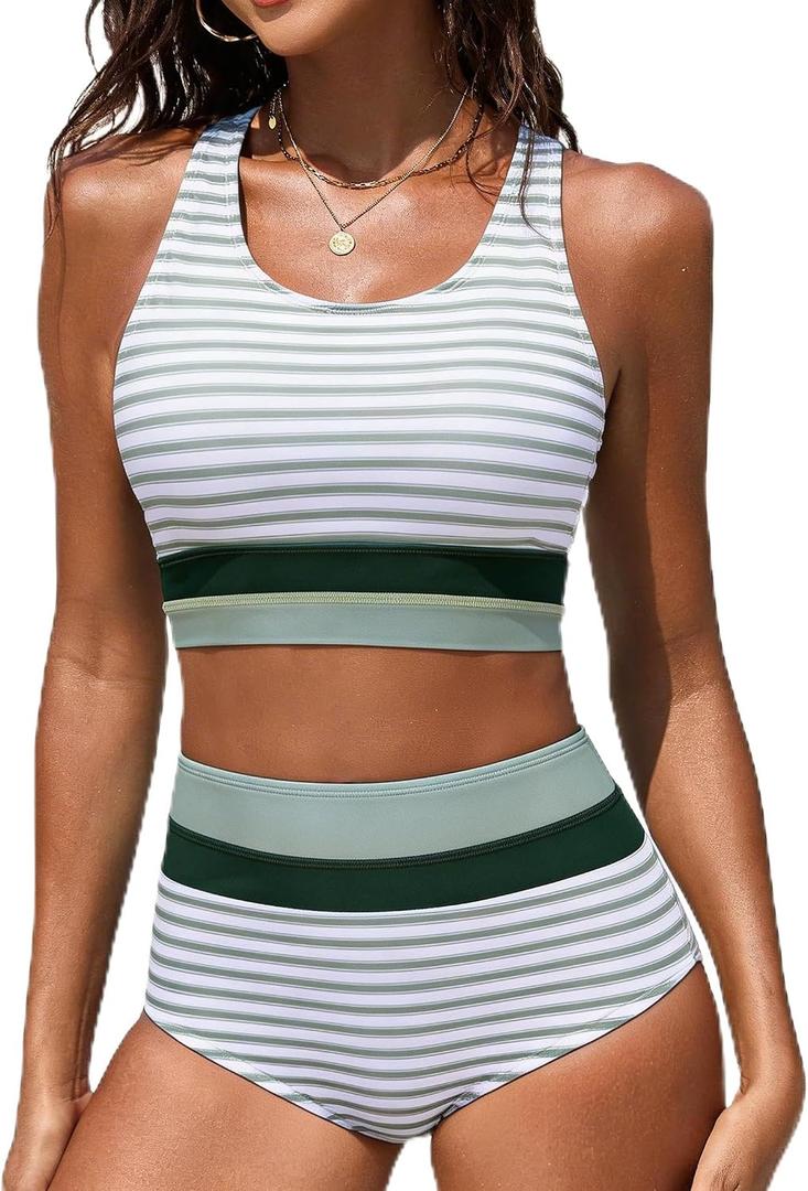 Women's High Waisted Bikini Sets Two Piece Swimsuit Color Block Sporty Athletic Moderate Coverage Bathing Suits (L)