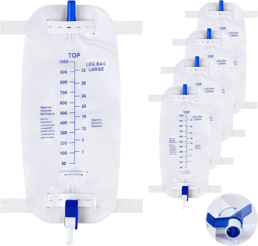 Geiserailie 5 Pack 1000ml Leg Bag Urinary Drainage Bag with Anti Reflux Valve, 33.8oz Large Capacity Urine Leg Catheter with Cloth Straps, Easy Flip Drain, Urinary Catheter for Men, Women
