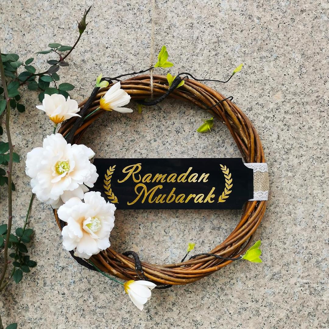Ramadan Mubarak Wreaths for Front Door, Islam Muslim Spring Hanging Floral Wreath, Ramadan Decorations for Home Indoor Outdoor Wall Window Party Decor