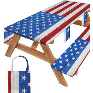 Picnic Table Cover with Bench Covers Waterproof Rectangle Tablecloth Camping Essentials Supplies Rv Travel Gear Must Haves Accessories Fitted Table Cloth Outdoor Road Trip Camper Gifts American Flag