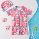 Kids Floatation Swimsuits Baby Boys Girls One Piece Float Suit Short Sleeve Swim Vest Zip up Buoyancy Swimwear +Cap (Pink)